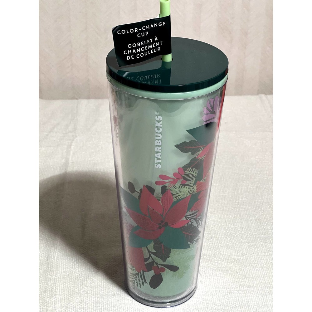 Starbucks 2021 Christmas Holiday Poinsettia Green Color Change Tumbler 24oz
